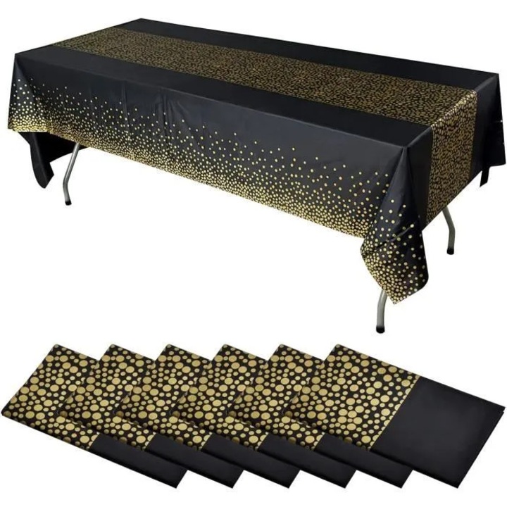MI-08187715 eldobható asztalterítő, vízálló PEVA arany fólia pöttyökkel, fekete/arany, 137 x 274 cm, 8 db-os szett.