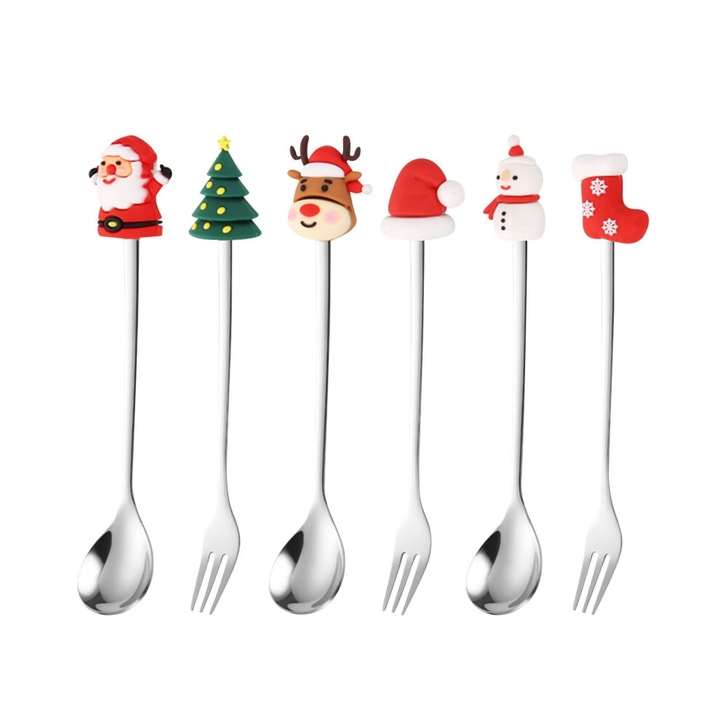 Set tacamuri Craciun, lingura si furculita, inox, decor festiv, 18x18x2cm