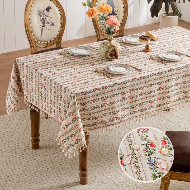 YSBER® Téglalap Alakú Asztalterítő 140*220cm, Rojtos és Virágmintás, Vízálló Vinilből, Mosható, Konyhába és Nappaliba, Bézs virágmintával