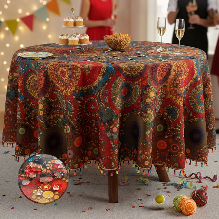 Boho Stílusú Kerek Asztalterítő 160cm, YSBER®, Rojtos Szélekkel és Geometrikus Mintával, Vízálló Vinilből, Mosható, Konyhába és Nappaliba, Többszínű