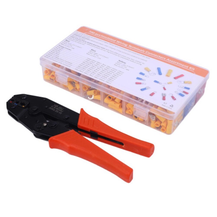 Set 700 conectori izolati si cleste sertizare, rosu albastru galben, 22-10 AWG