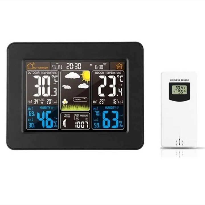 Statie meteo wireless, termometru, higrometru, barometru, faza lunii, ecran LCD color, negru