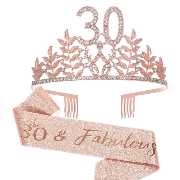 Set aniversar 30 ani, tiara metalica cu cristale, panglica satinata roz auriu reglabila
