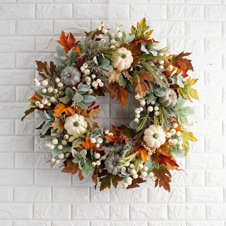 Coronita decorativa toamna, dovleac si frunze artar, alb, 45cm