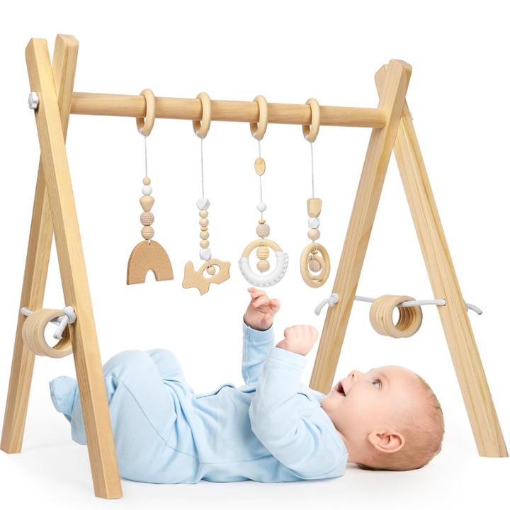 Montessori fejlesztő állvány, ZAXER, bükkfa, lógó játékokkal60 cm, 58 cm, 1 hónapos kortól, Baba tevékenységi játékközpont