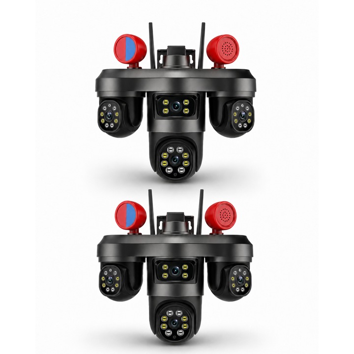Set 2x Camere de supraveghere WiFi 6MP cu 3 lentile PTZ, rotatie 360°, zoom digital 10X, vedere nocturna, detectare miscare, audio bidirectional, sirena, IP67, aplicatie V380 Pro