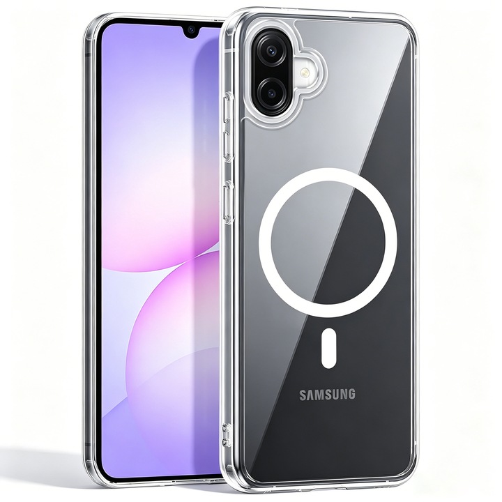 Mágneses tok Samsung Galaxy A07 5G-hez, MOGU MagSafe védőtok, vezeték nélküli töltés, megemelt élek a képernyő védelméért, sárgulásgátló, karcálló merev PC hátlap, katonai védelem, TPU, átlátszó