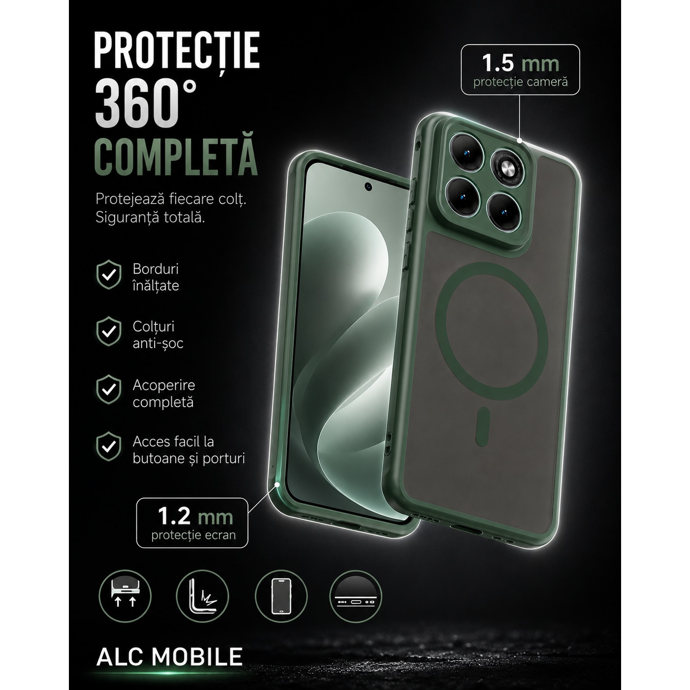 Husa pentru Motorola Edge 70 Fusion Matte, compatibila cu MagSafe, Protectie 360, Anti-Soc, Verde