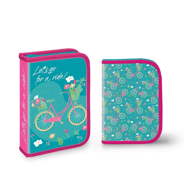Penar scolar echipat pentru fete, S-Cool, model Let's go for a ride Bicycle, 1 fermoar cu 2 extensii, 32 piese, Turcoaz/Roz