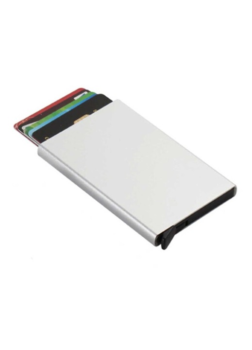 Метален изскачащ портфейл за карти с RFID защита, сребрист 9.5x6.2x0.9cm