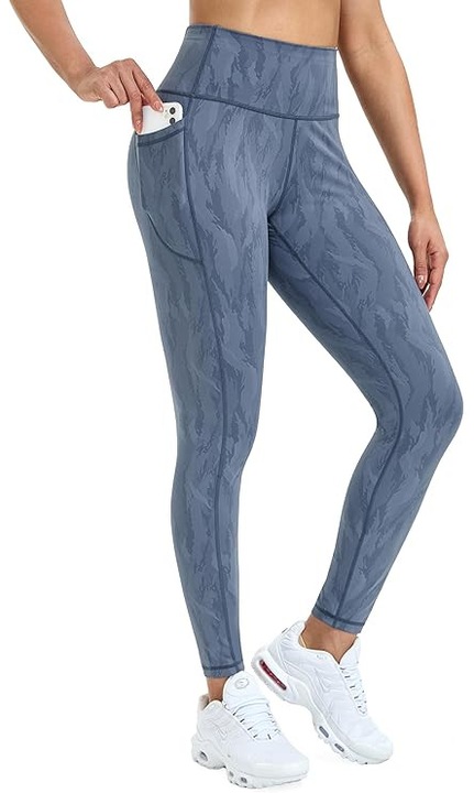 Női kék sport leggings oldalzsebekkel, magas derékkal, rugalmas fitness nadrág jógához és futáshoz