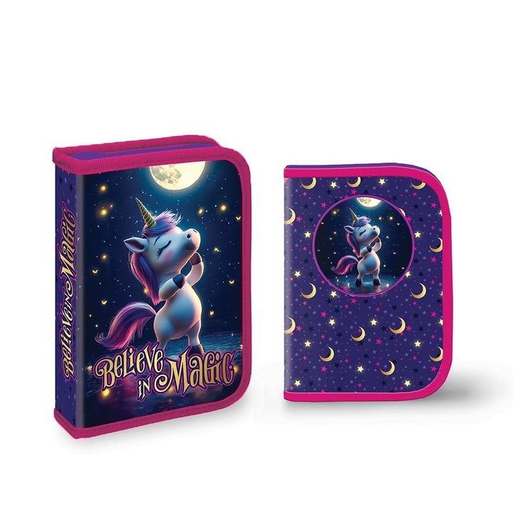 Penar neechipat S-COOL Hype, 1 fermoar cu 2 extensii, motiv Unicorn Believe in Magic, pentru fete, Roz/Bleomaren