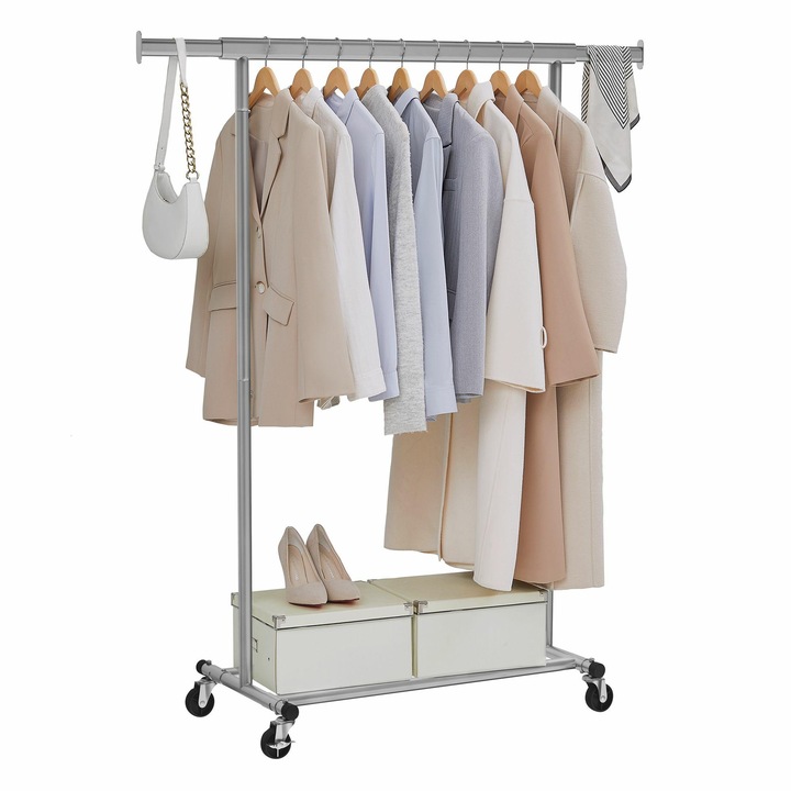 Suport Mobil Umerase, Songmics, Din Otel Cromat Rezistent La Coroziune, Bara Reglabila 92-132 cm, Bare Laterale Si Raft Inferior, 4 Roti Industriale Cu Blocare, Ideal Pentru Garderoba Sau Dormitor, Argintiu