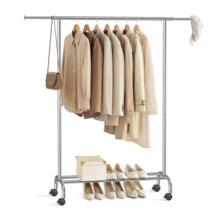 Suport Mobil Umerase, Songmics, Din Otel Rezistent, Inaltime 156 cm, Bara Superioara Cu Latime Reglabila 83-120 cm, Raft Inferior Pentru Pantofi Si Cutii, 4 Roti Pentru Deplasare Usoara, Sarcina Maxima 30 kg, Argintiu