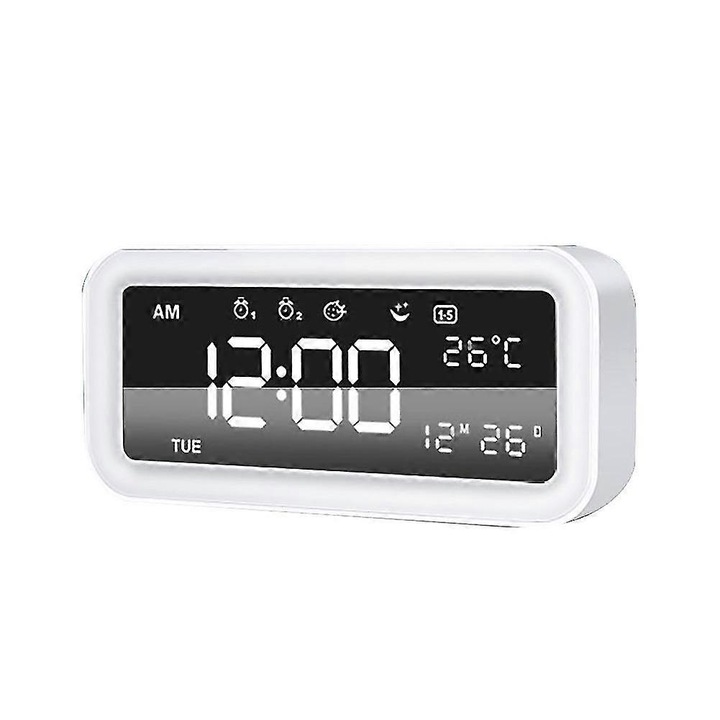 Ceas desteptator multifunctional LED, afisaj mare, culoare alba, 19x5.3x9.1cm