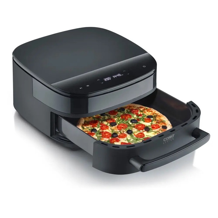 Friteuza cu aer cald 2in1 Airfryer si cuptor de pizza Caso Germany, 6 litri, fara ulei, 11 programe automate, temperatura ajustabila 50-230°C, incalzire rapida, timer, semnal acustic, senzor touch, Shake Reminder, protectie supraincalzire, negru