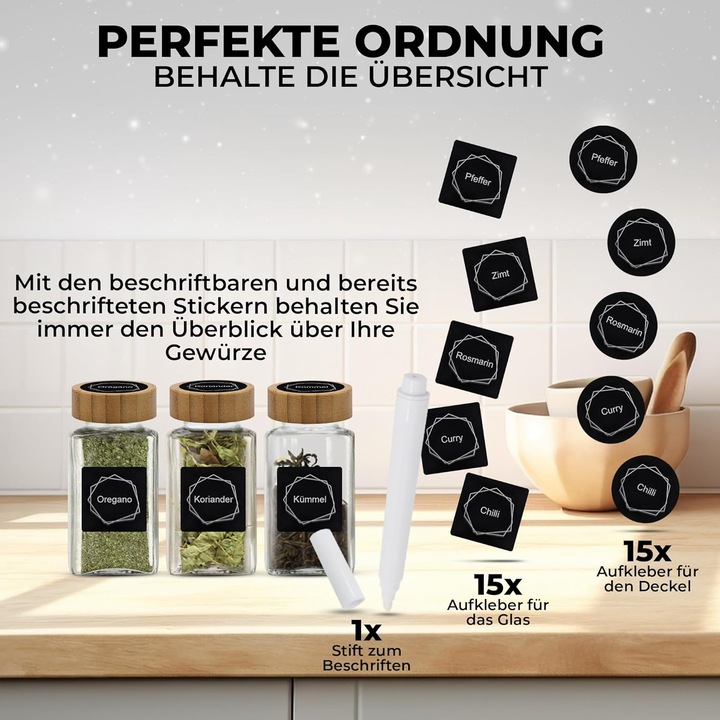 Set 12 Recipiente Condimente din Sticla cu Capac din Bambus, Ultrixe, Organizator Bucatarie,115ML, Include EticheteOrganizatoare Sertar, Palnie din Silicon si Pix Alb Inclus, Accesorii Depozitare, Transparent