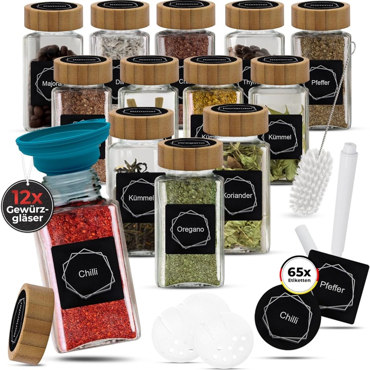 Set 12 Recipiente Condimente din Sticla cu Capac din Bambus, Ultrixe, Organizator Bucatarie,115ML, Include EticheteOrganizatoare Sertar, Palnie din Silicon si Pix Alb Inclus, Accesorii Depozitare, Transparent