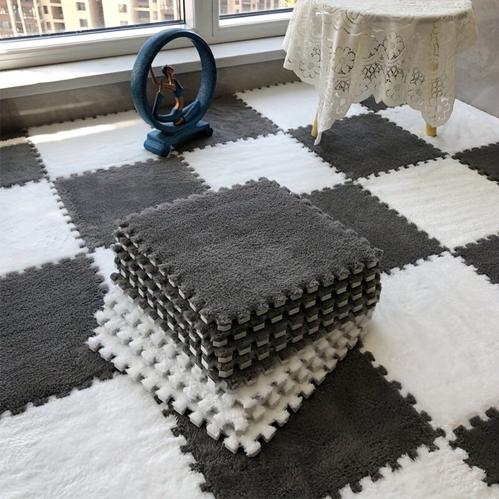 Пъзел постелки от пяна, комплект 10 части, сиво-бял, 30x30см