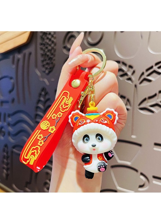Breloc PVC leu rosu si panda stil chinezesc amuzant