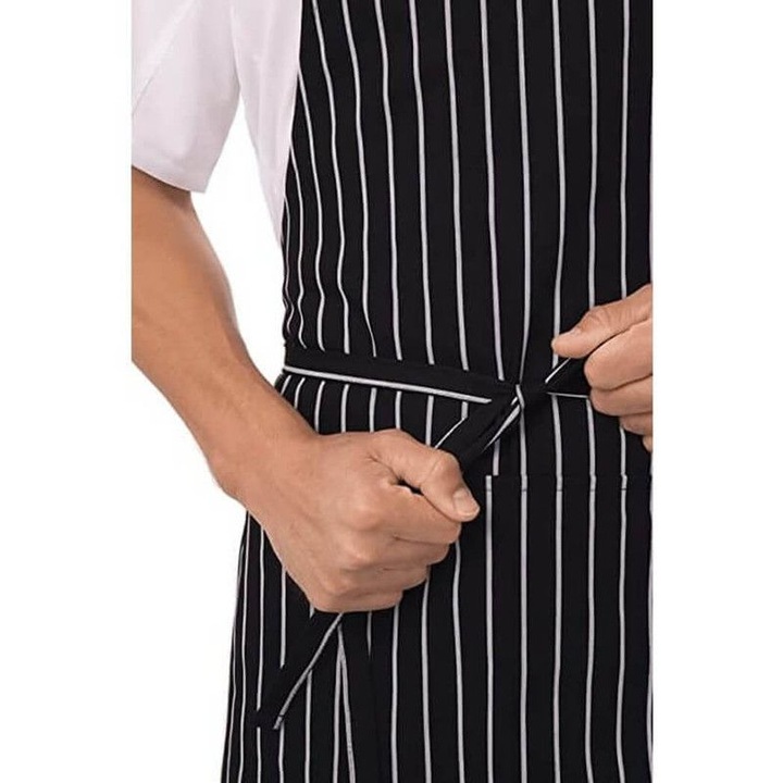 Sort bucatar, negru cu dungi albe, bumbac poliester, marime universala, buzunare, ajustabil