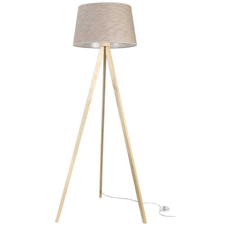 Lampa de podea, LEN, L05, trepied din lemn, abajur conic din in bej, 44 cm, soclu E27