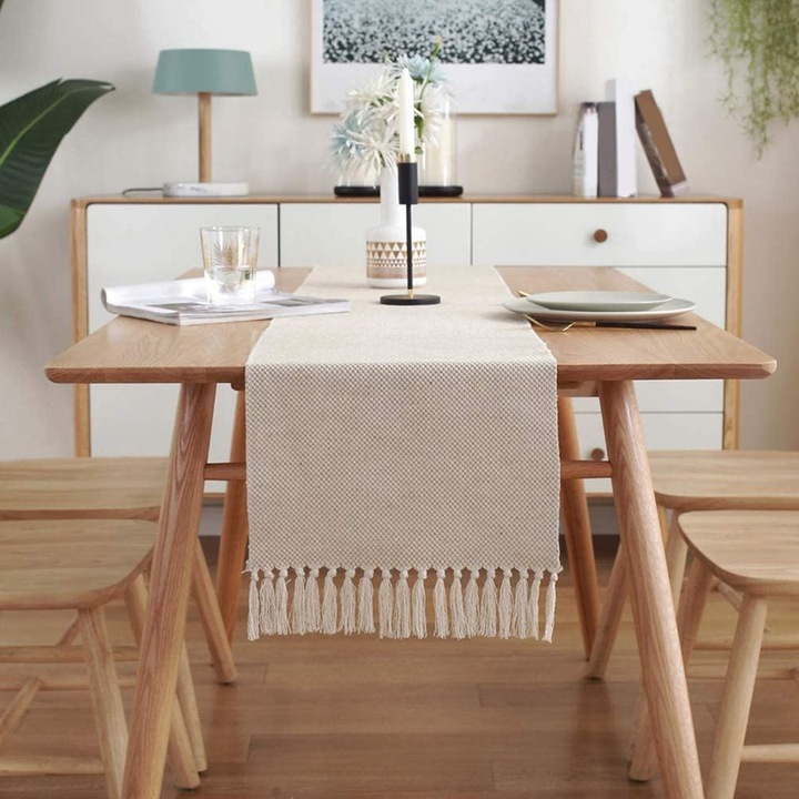 Traversa de masa din bumbac si in, 33x180cm, cu franjuri, crem