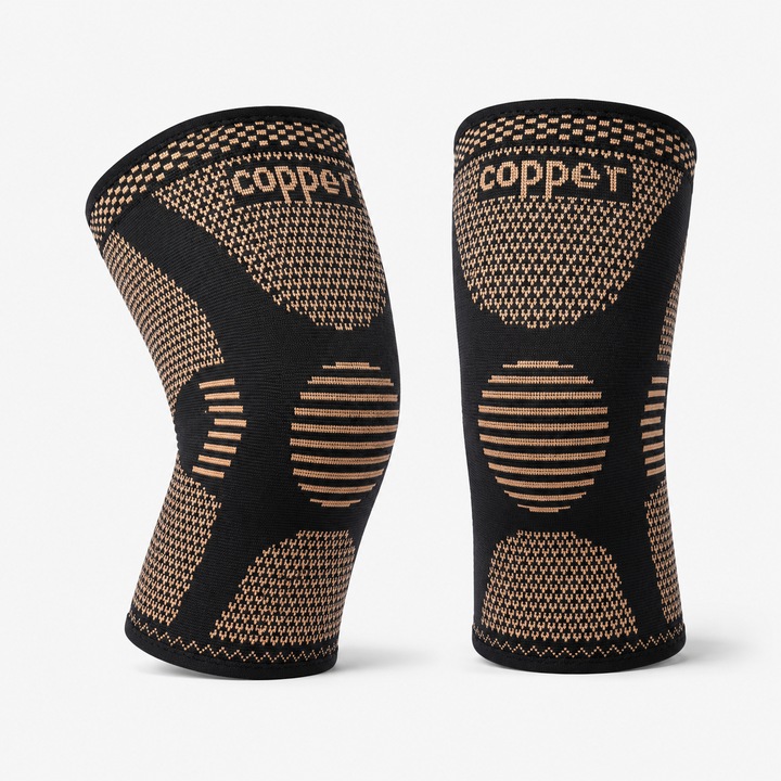 Set 2 Genunchiere compresive cu fir de cupru, Negru/Beige, unisex, Sport, Protejeaza Articulatia Genunchiului, General Store, Silicon, Marime M