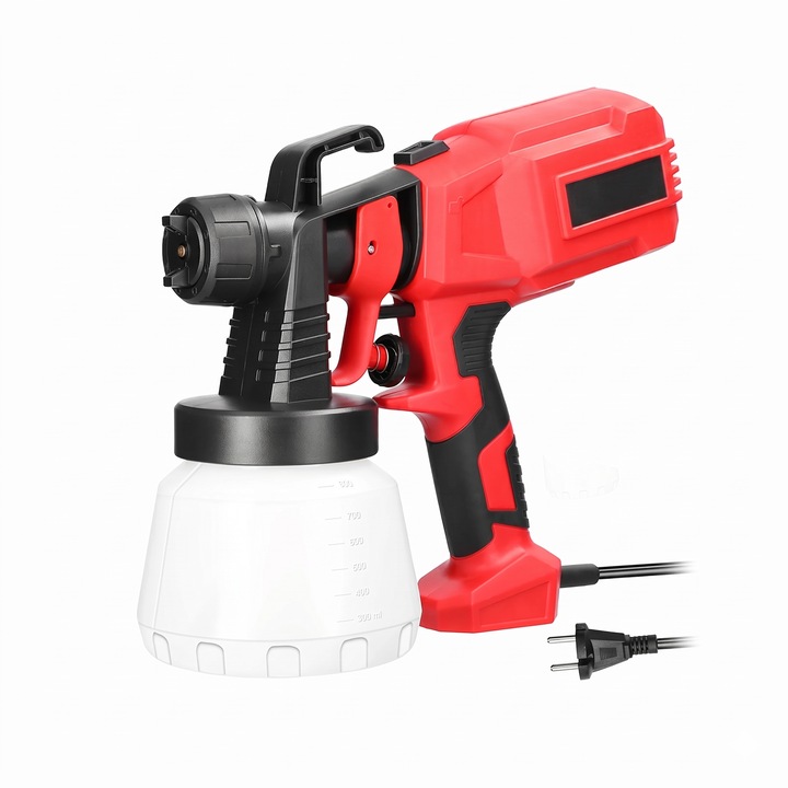 Sosar elektromos festékszóró pisztoly, 400 W, 32000 RPM, 800 ml kapacitás, állítható áramlás, 3 szórási mód, 130 DIN viszkozitás, 1 l/perc áramlási sebesség, piros/fekete