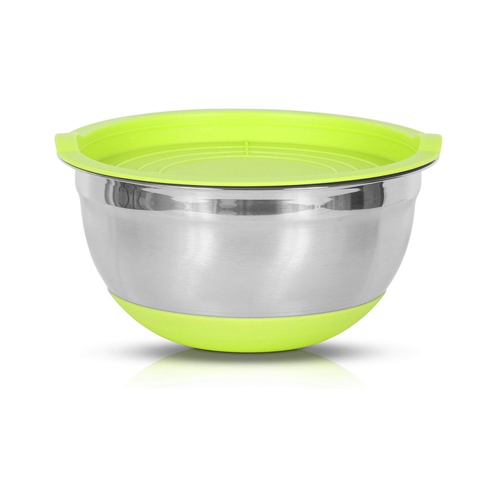 Bol cu capac NEXTLY, castron inox, baza din cauciuc antiderapant, 20cm, verde