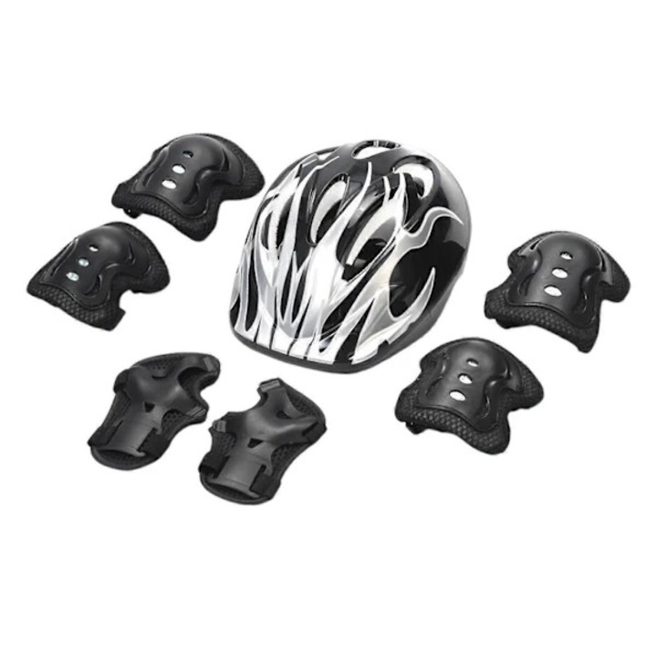 Set protectie copii 7 piese, casca, genunchiere, cotiere, negre, 53x55cm