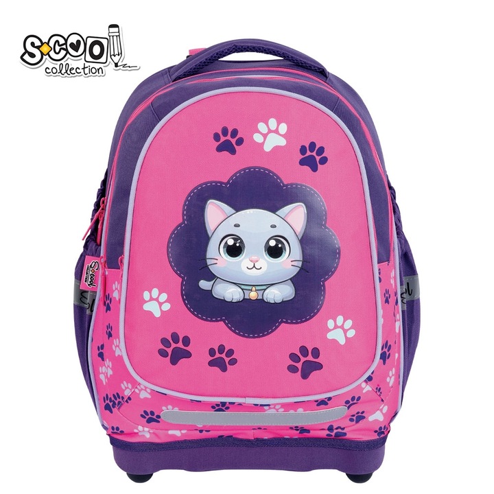 Ghiozdan troller scolar Scool Collection, model Pisicuta cu labute, ergonomic, compartimente cu fermoar, roz/violet
