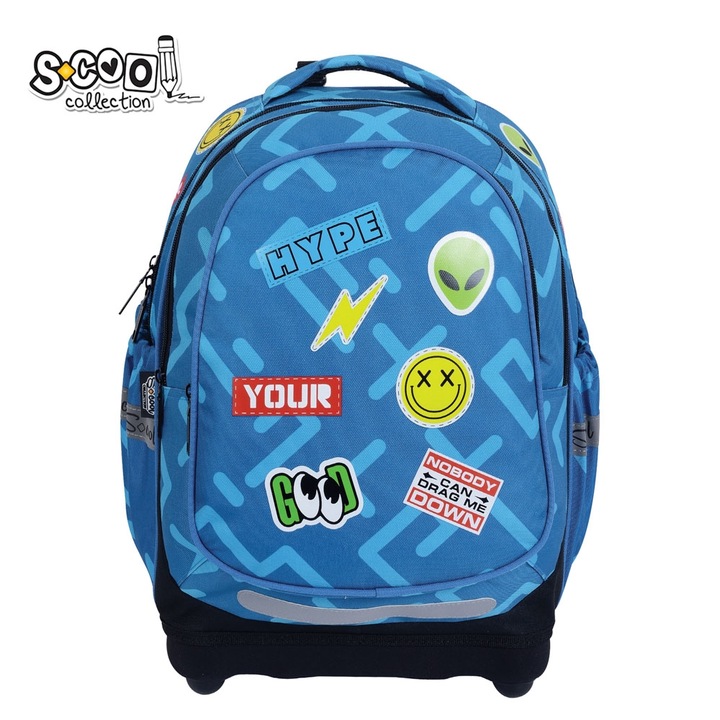 Scool Collection gurulós iskolatáska, Hype modell jelvényekkel és grafikus üzenetekkel, ergonomikus, dupla rekeszes, kék