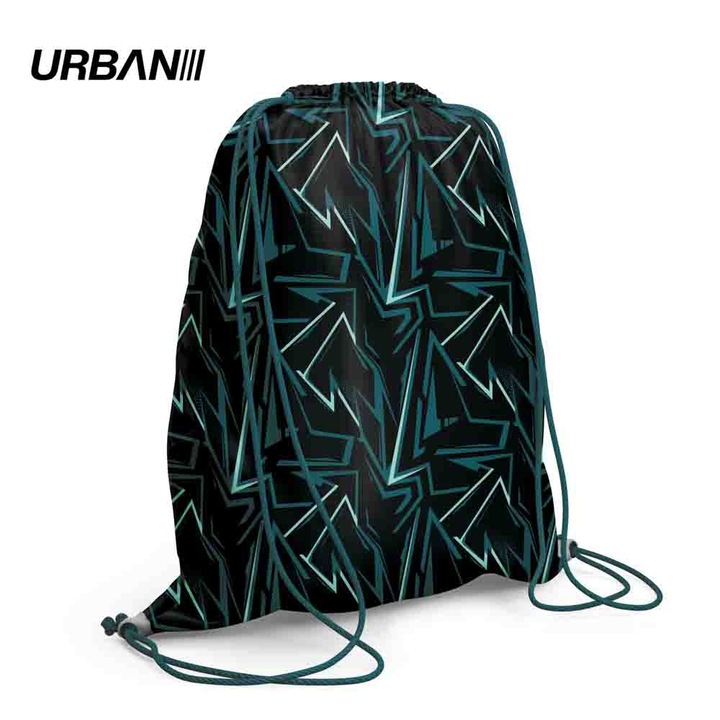 URBAN cipő- és sportfelszerelés táska, Graffiti Neon modell, zsinórral, fiúknak/unisex, Fekete/Türkiz