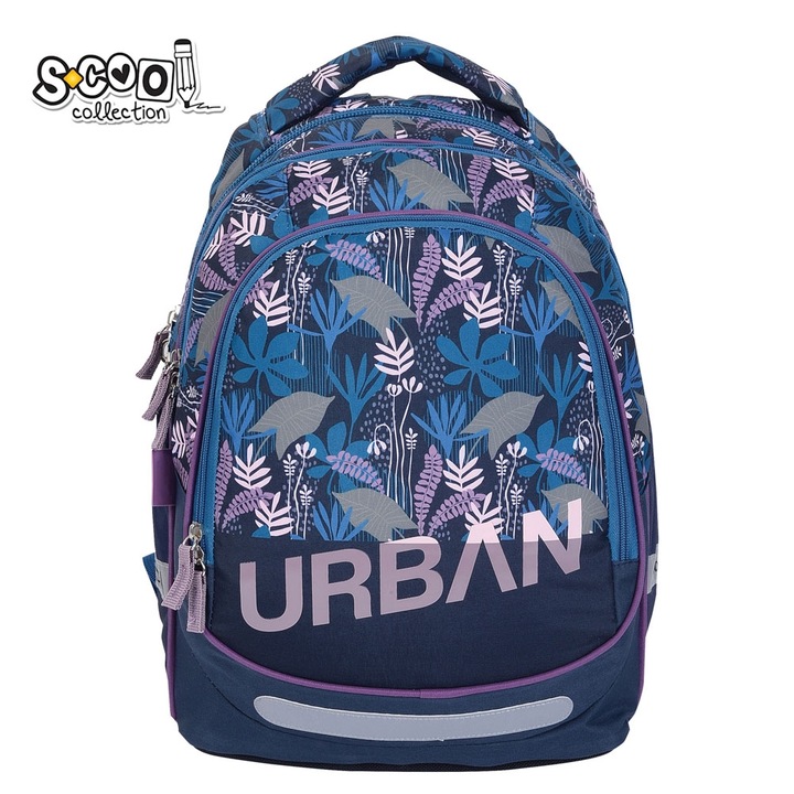 Ghiozdan scolar fete clasele 1-4 si 5-8, Rucsac scoala S-Cool, model Urban Nature, imprimeu frunze mov-bleumarin, ergonomic cu elemente reflectorizante