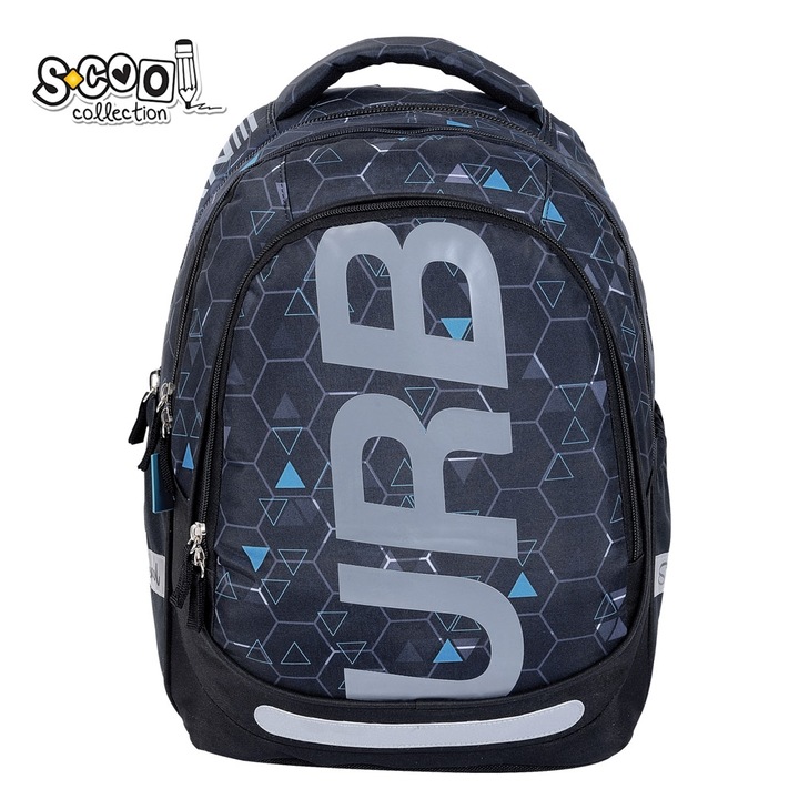 Ghiozdan scolar baieti clasele 1-4 si 5-8, Rucsac scoala S-Cool, model Urban Grey, imprimeu geometric negru-gri cu triunghiuri albastre, ergonomic cu elemente reflectorizante