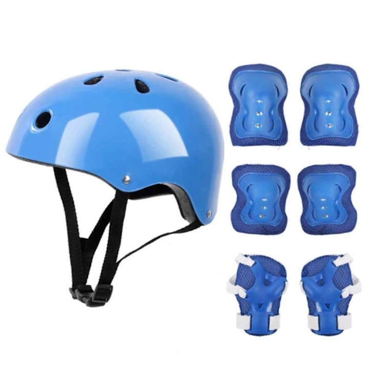 Set protectie copii 7 piese, casca, genunchiere, cotiere, albastru-rosu