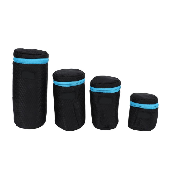 Set 4 huse pentru obiective foto, neopren, impermeabile, diverse dimensiuni, negru