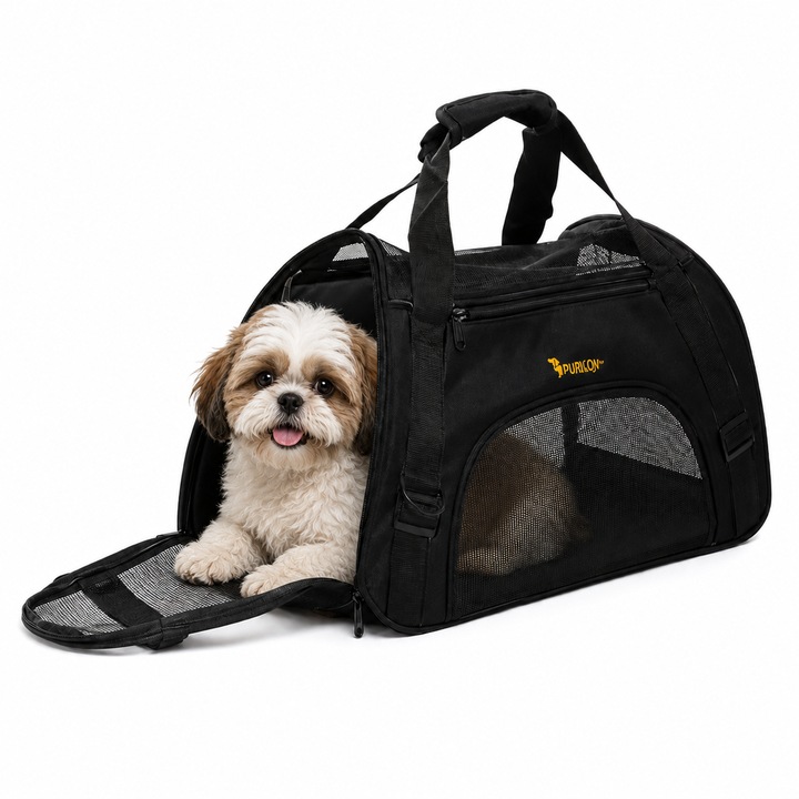 Geanta transport animale, ventilatie multipla, baza rigidizata, curea umar inclusa, suporta pana la 8 kg, 50 x 30 x 25 cm, poliester PVC fier, Negru