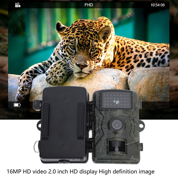 Camera de supraveghere trail, 16MP, vizionare nocturna, unghi 60°, ecran 2 inch, rezolutie 1080P, rezistenta la apa, 128GB, 357g