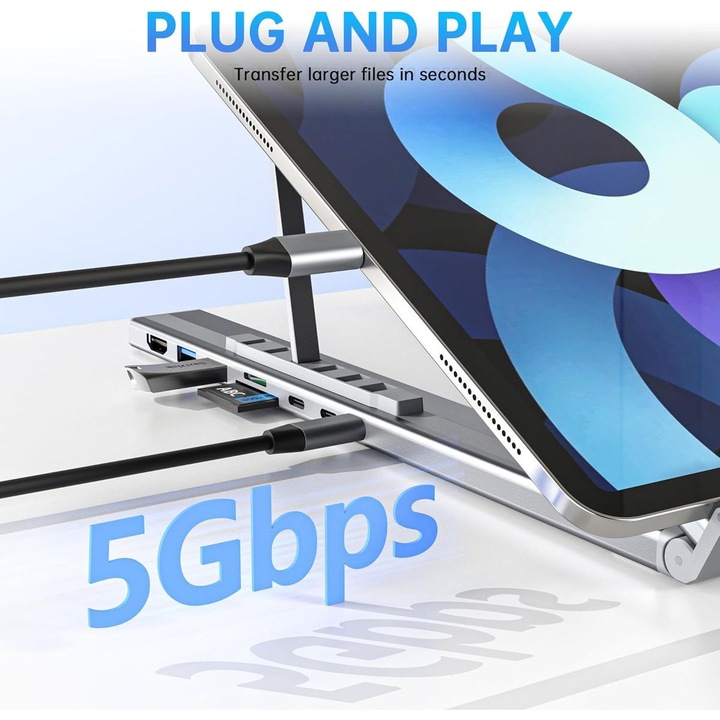 USB-C dokkolóállomás 8 az 1-ben, HDMI 4K, USB 3.0, SD/TF, fekete, kompakt