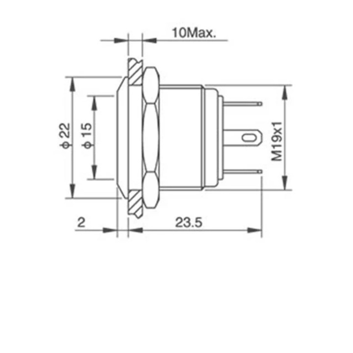 Pillanatnyi nyomógomb 19mm, piros LED, rozsdamentes acél, IP65