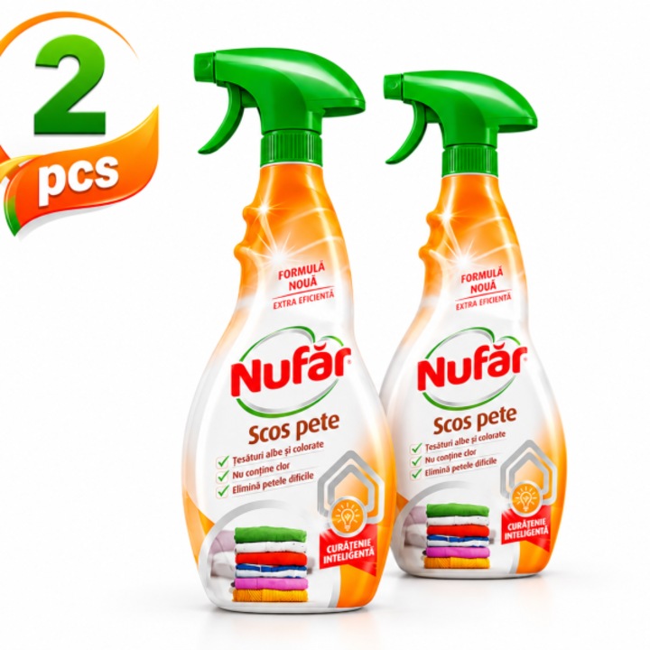 Pachet x 2 Solutie pentru scos pete Nufar, 500ml, spray, pentru tesaturi albe si colorate, fara clor
