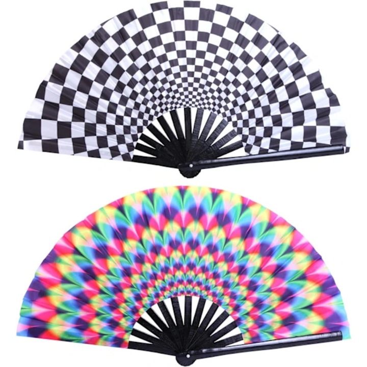 Evantai pliant de mana, textil cu tije din bambus, set 2 bucati, handmade, 13 spite, deschidere 25 cm, multicolor, mare