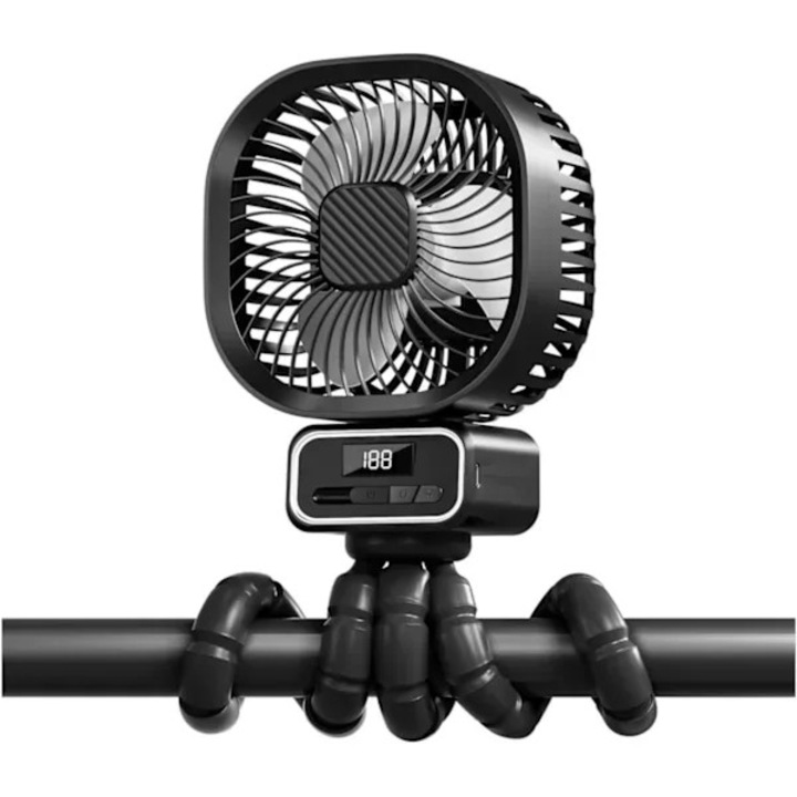 Hordozható babakocsi ventilátor/USB ventilátor WXSP, 5000 mAh akkumulátor, 270°-os forgatás, 3 sebességfokozat, levehető és rugalmas tartó, lapátvédelem