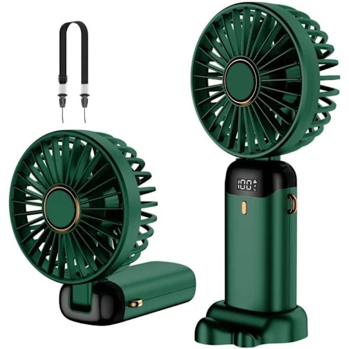 Ventilator Ultra Portable, 3 in 1, Handheld, Desktop Model, Throat Fan, 5 Speed Levels, Foldable, with LCD Display, 4200mAh, Green