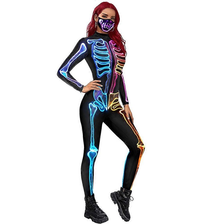 Costum Halloween femei, body cu fermoar, maneci lungi, negru, S-L