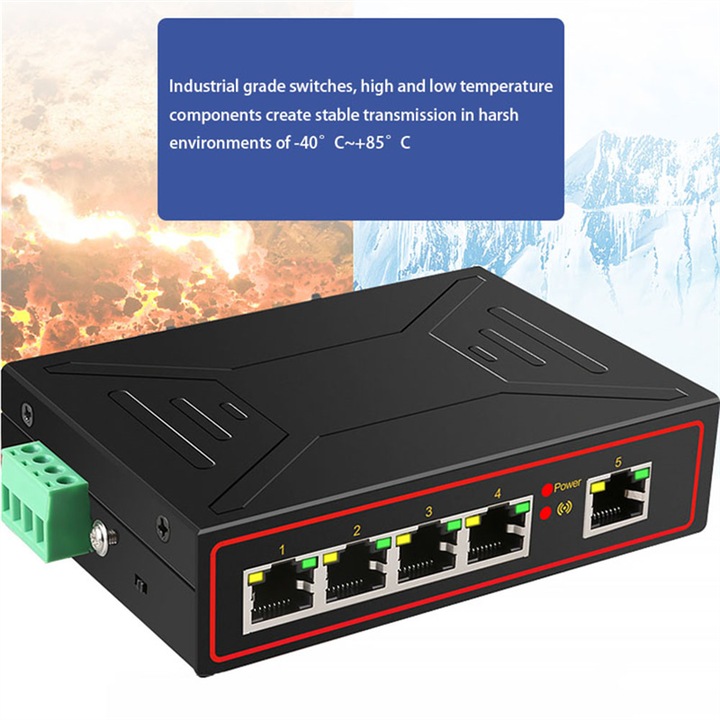 Индустриален суич 5 порта RJ45 100M черен 10x7x3см