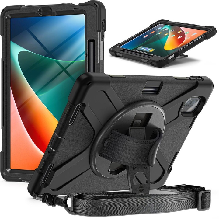 Xiaomi Mi Pad 5 5 Pro tablettok, hármas védelem, fekete, 360°-os állvány, állítható pánt