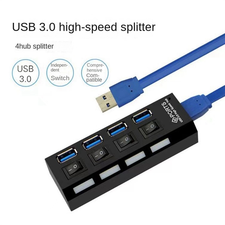 USB 3.0 Hub 4 portos fekete 50cm tápellátással és US csatlakozóval